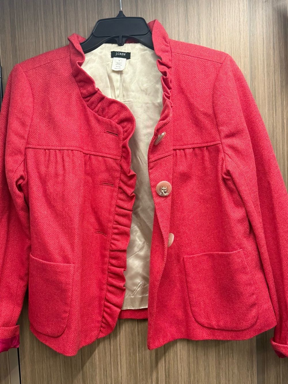J. Crew Red Ruffle-Trim Wool-Blend Blazer - Picture 1 of 6